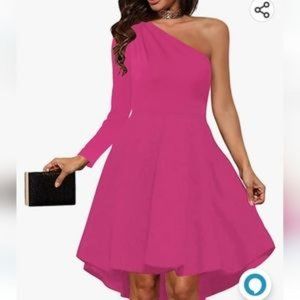 SARIN Mathews One Shoulder Long Sleeve A-Line High Low Skater Cocktail Pink